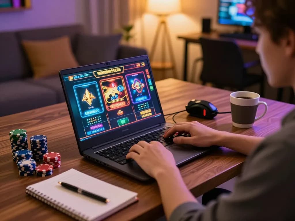 Engaging in slot gacor hari ini gameplay on a laptop at home, highlighting a cozy gaming atmosphere