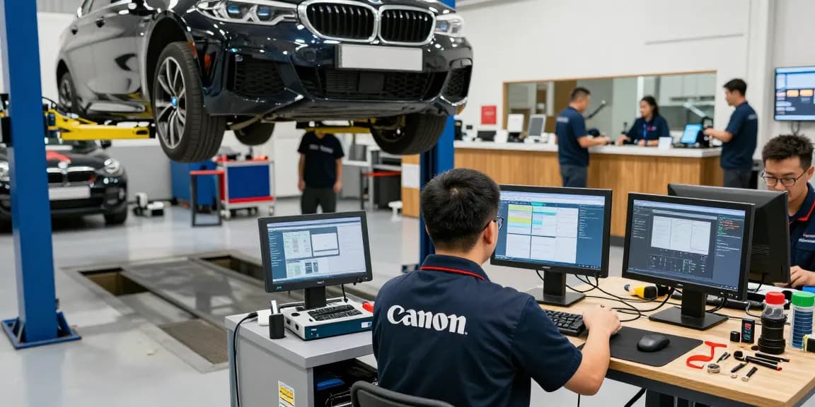 Chiptuning Hannover bei ECU Boost Service, erfahrene Techniker in modernen Werkstatt mit BMW Fahrzeugen.