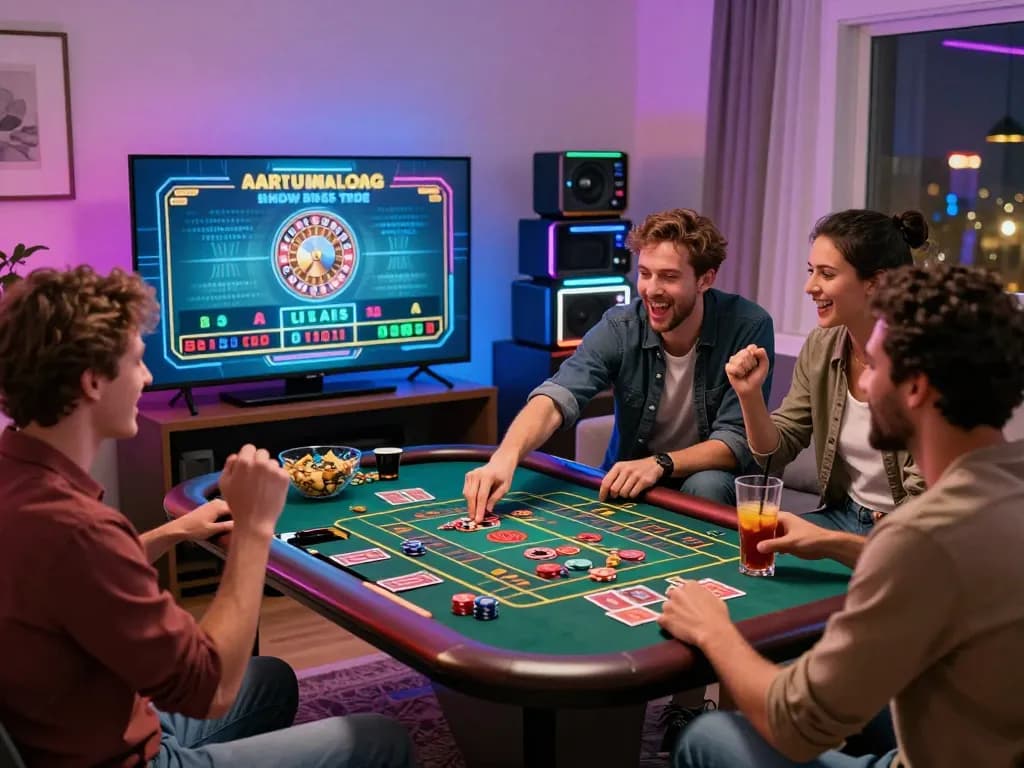 Friends enjoying a vibrant MM88 online casino game night with snacks and drinks.