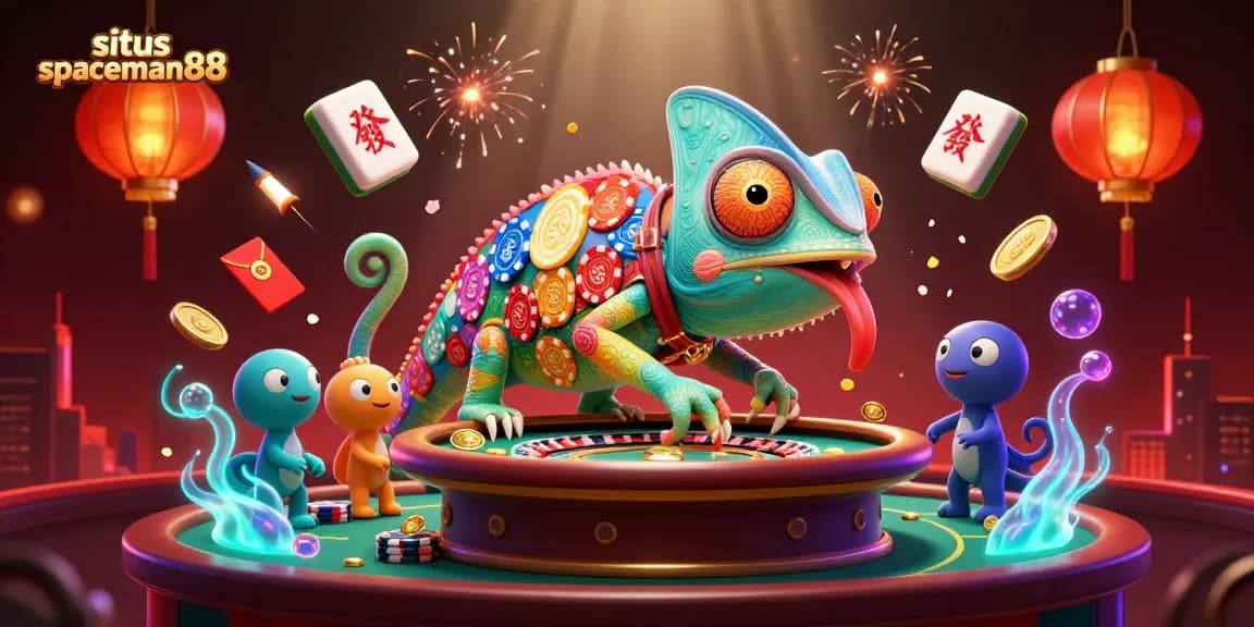 Experience the excitement of situs spaceman88 with a 3D chameleon casino owner amidst vibrant game elements and confetti.