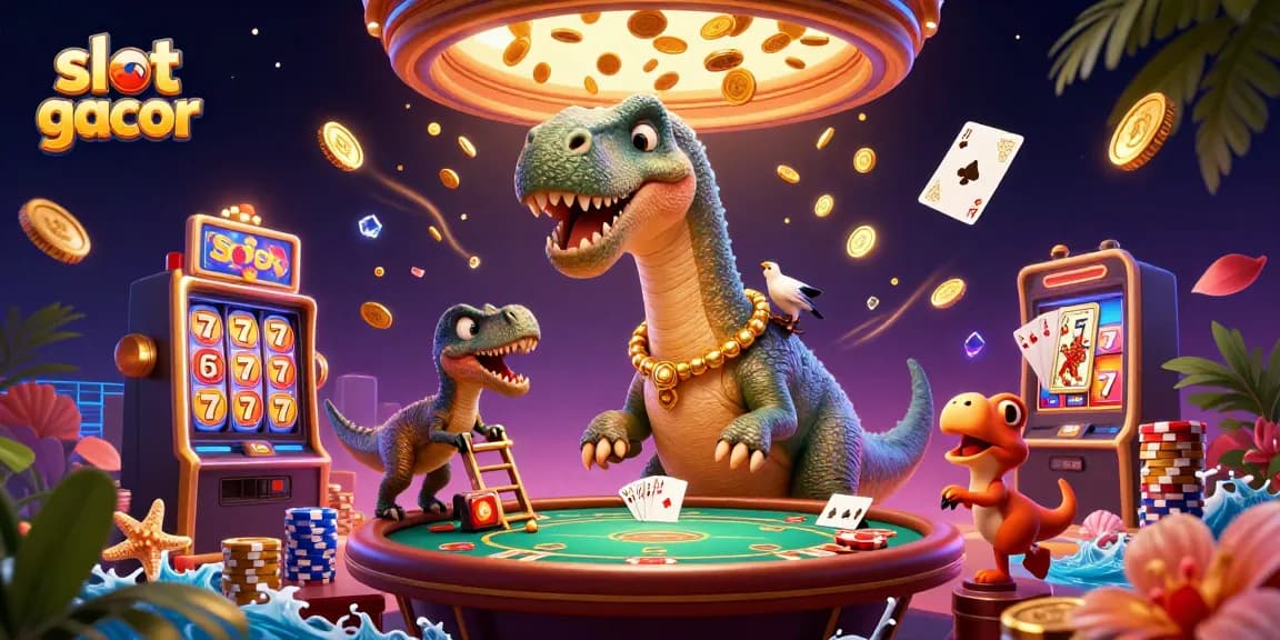 Experience the excitement of slot gacor with an animated brontosaurus and dazzling casino elements.