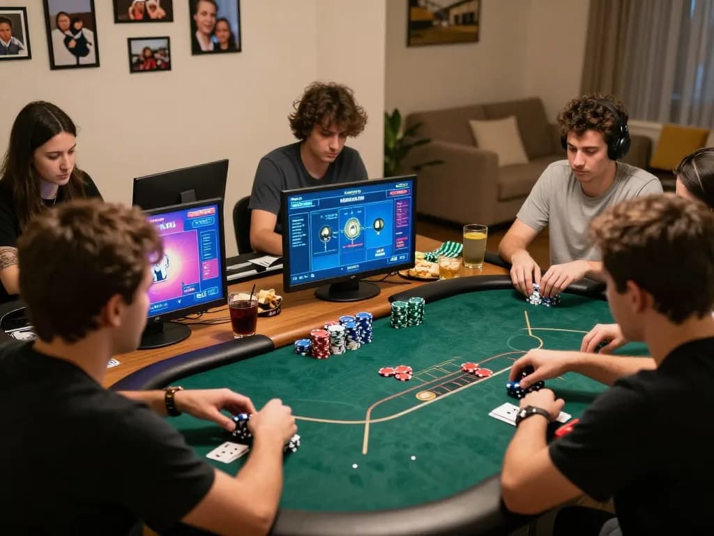 Players enjoying online poker game at trang chủ mb66 in cozy home setting, colorful chips and warm lighting.