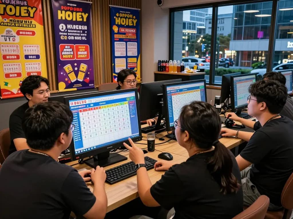 Players excitedly watching HK live draw results in a vibrant Togel Hongkong gaming lounge.