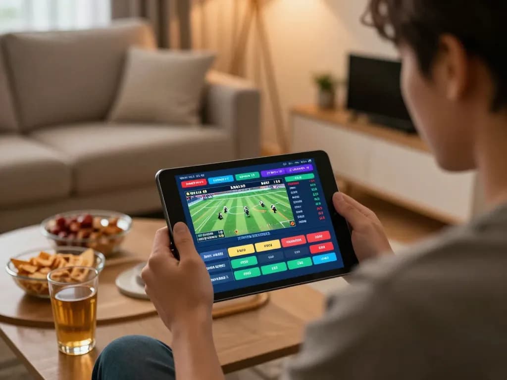 An engaged bettor analyzing sports odds on tylekeonhacai88 via tablet in a cozy home setting.