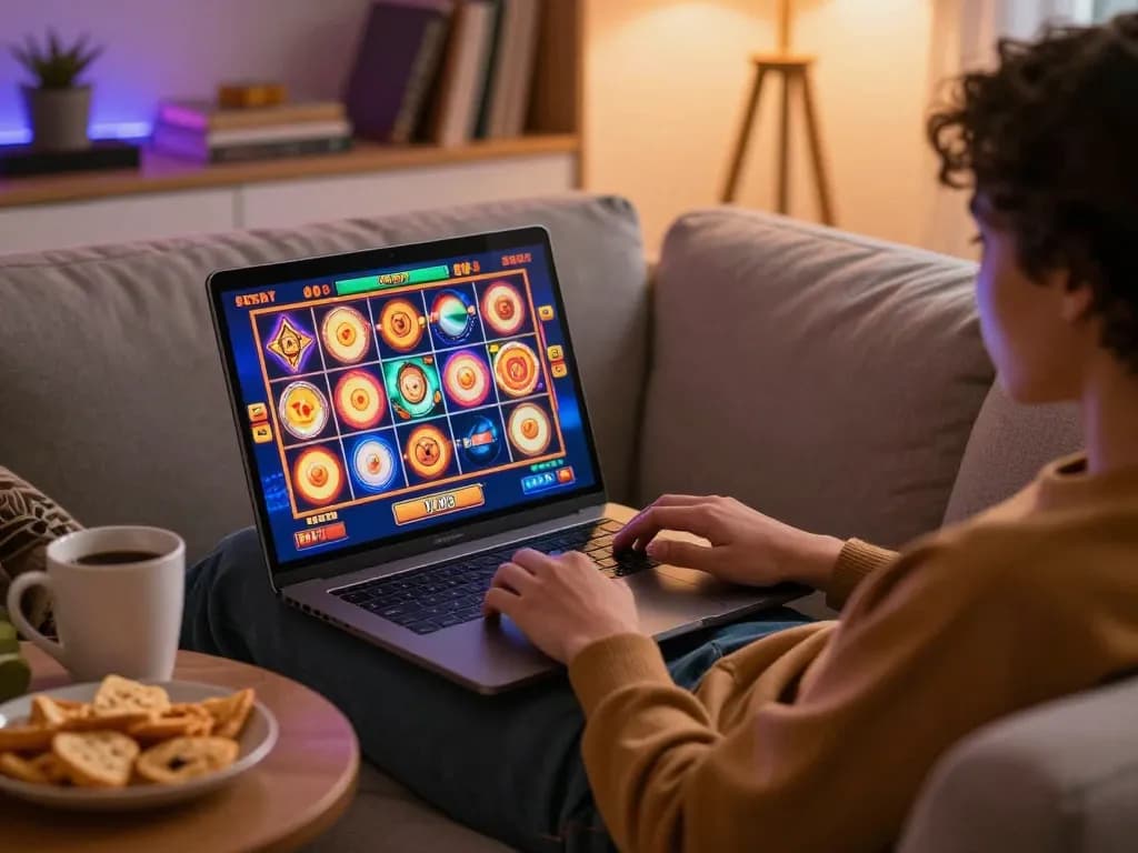 Engaging scene of online slot gameplay, showing vibrant reels on a laptop screen in a cozy home setting.