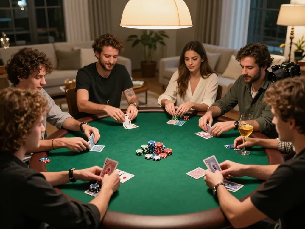 Players enjoying a competitive poker game at home, showcasing gamebaidoithuong8 strategy and social fun.