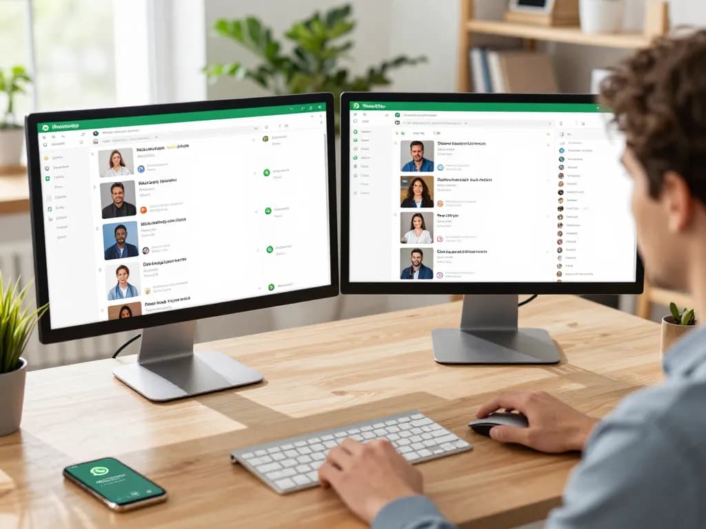 在现代桌面设置中使用WhatsApp网页版，展示多媒体聊天功能和通知。