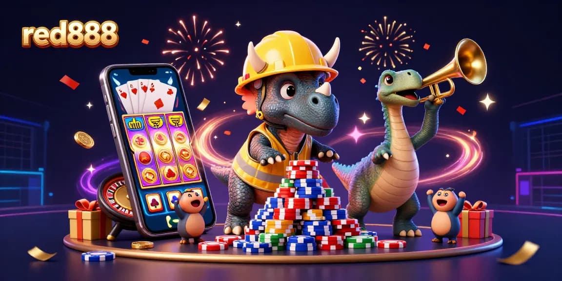 Engage with red888's dynamic casino scene featuring a triceratops and vibrant slot gaming elements.