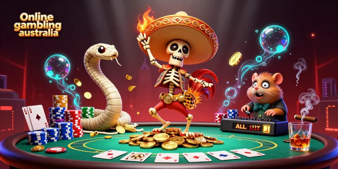 Experience vibrant online gambling australia scene with cartoon characters, poker elements, and gold coins.