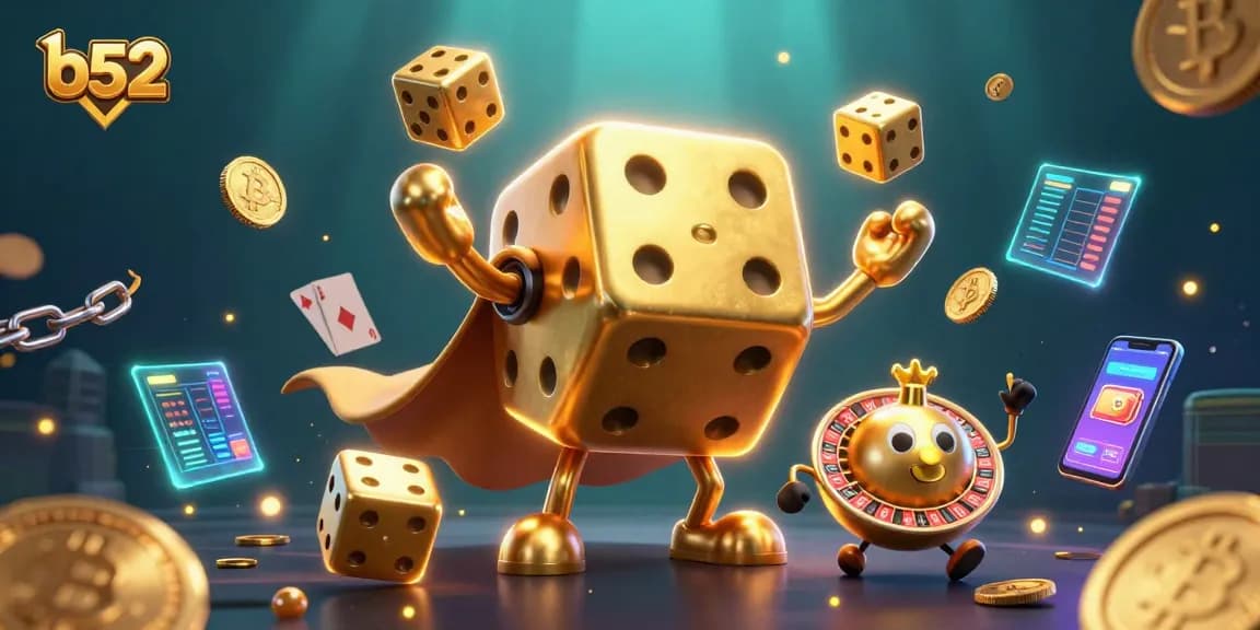 Engage in thrilling gameplay at b52 with vibrant golden dice characters and crypto elements.