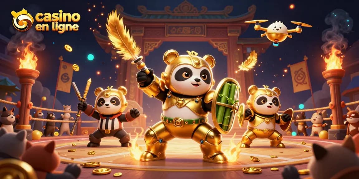 Célébrez le monde du casino en ligne avec un panda doré dans un combat d'arène dynamique rempli de pièces d'or.