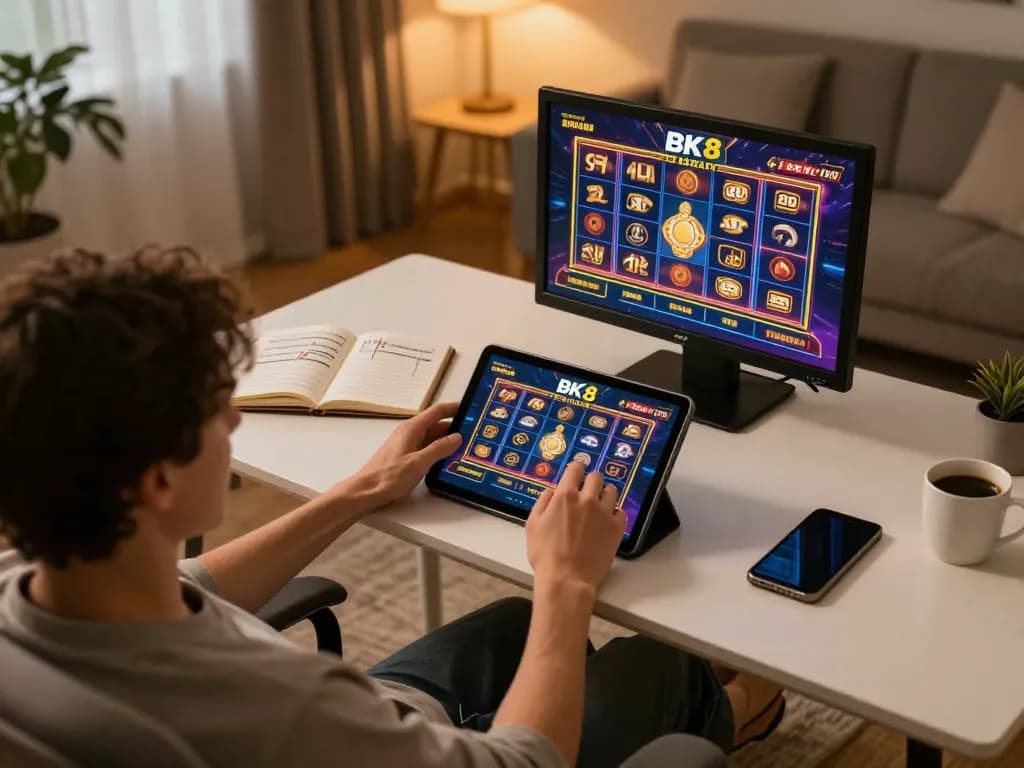 Player engaging in BK8 slots on a tablet in a stylish home office setting.