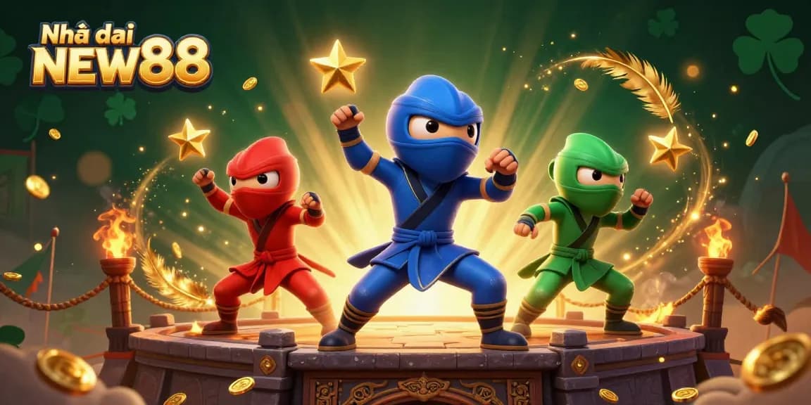 Engage with Nhà cái NEW88 in stunning action, featuring ninja chameleons battling amidst vibrant casino elements.