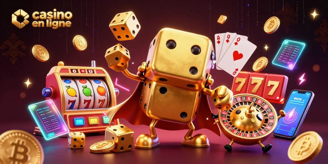 Jeux captivants de casino en ligne avec un golem de dés en or et des éléments de jackpot.