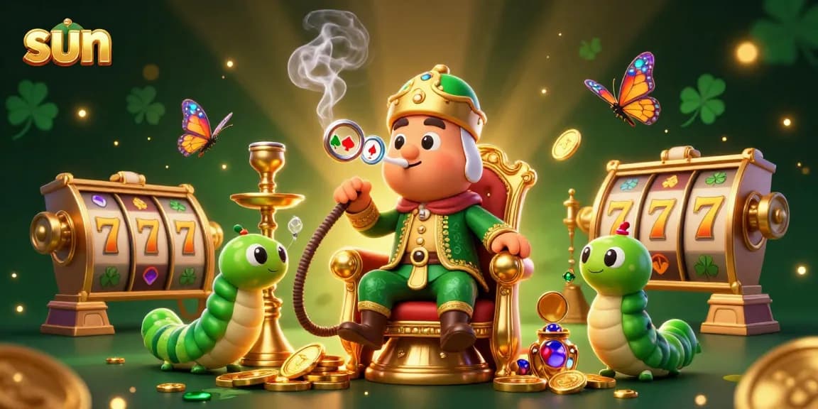 Engage with sun gaming thrills, featuring characters and symbols of casino slots and jackpots.