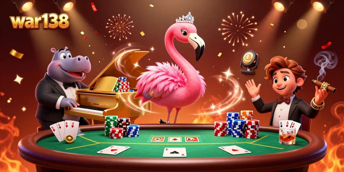 Experience the excitement of war138 with vibrant casino characters and poker action in a lively scene.