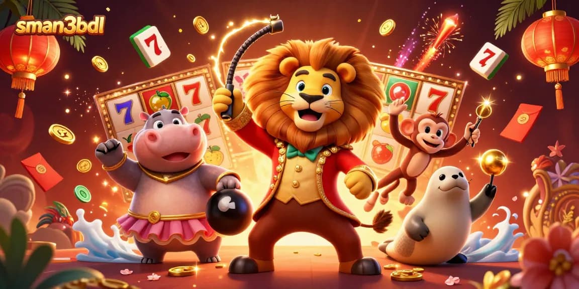 Gambarkan sman3bdl dengan raja singa, hippo, monyet, dan anjing laut dalam aksi kasino