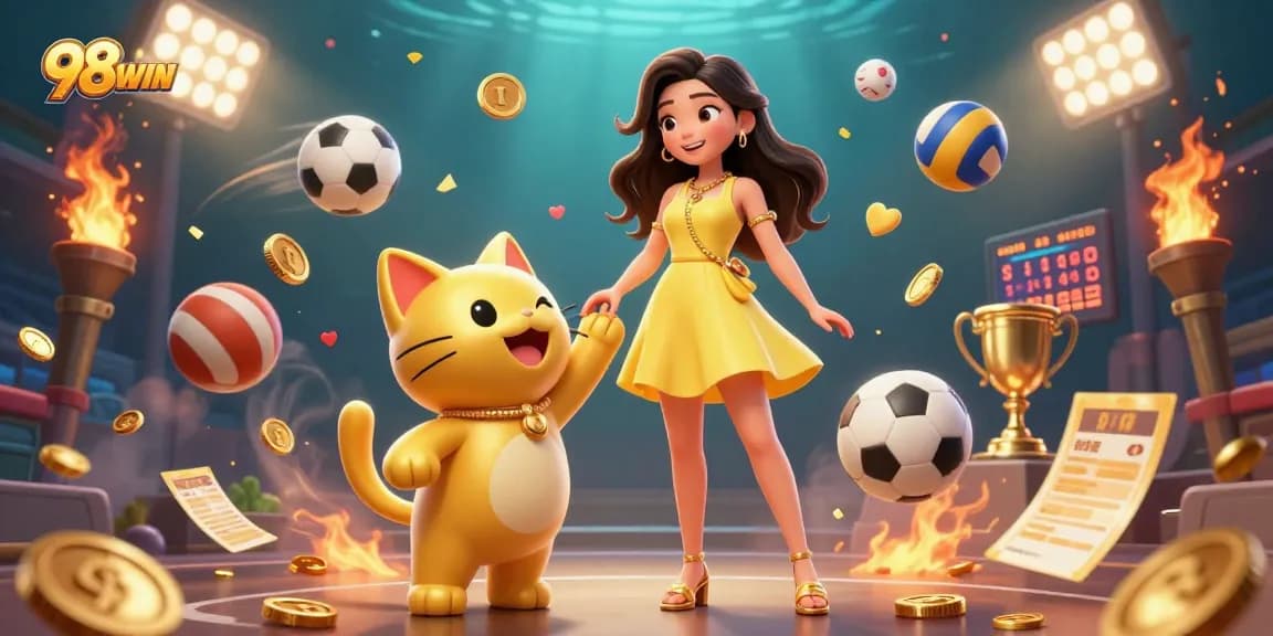 Engage with exciting gameplay at 98WIN, featuring a vibrant scene with spinning sports balls and golden cat mascot.