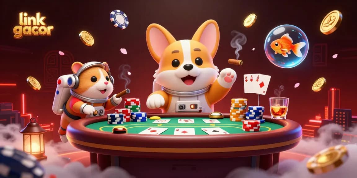 Engage with link gacor in a vibrant 3D scene of floating casino elements and characters.
