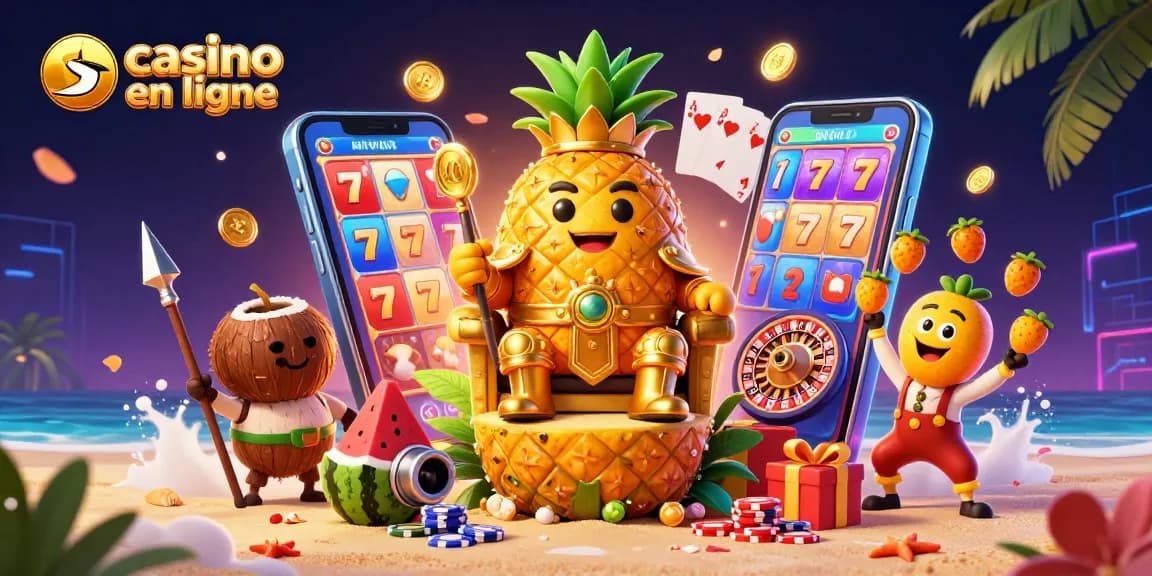 Visitez un casino en ligne avec le roi ananas et des éléments de jeu colorés sous un coucher de soleil.
