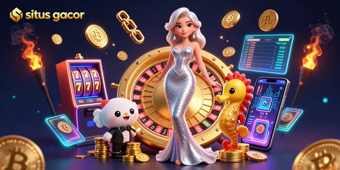 Situs gacor showcases a glamorous casino scene with a woman, seahorse, and roulette wheel surrounded by dynamic elements.