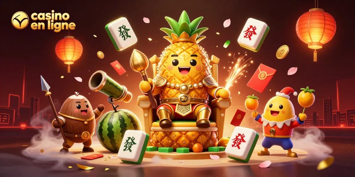 Jouer au casino en ligne avec le roi ananas entouré de gardes de noix de coco et des éléments festifs.