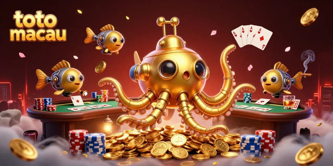 Toto macau menghadirkan penggemar permainan kartu dengan kapal kraken dan tumpukan chip poker dalam suasana meriah.