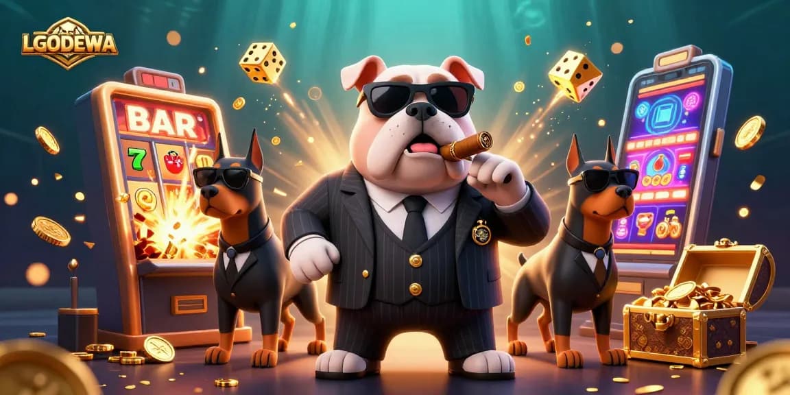 Experience the thrilling action with LGODEWA's vibrant scene featuring slot machines and mafia characters.