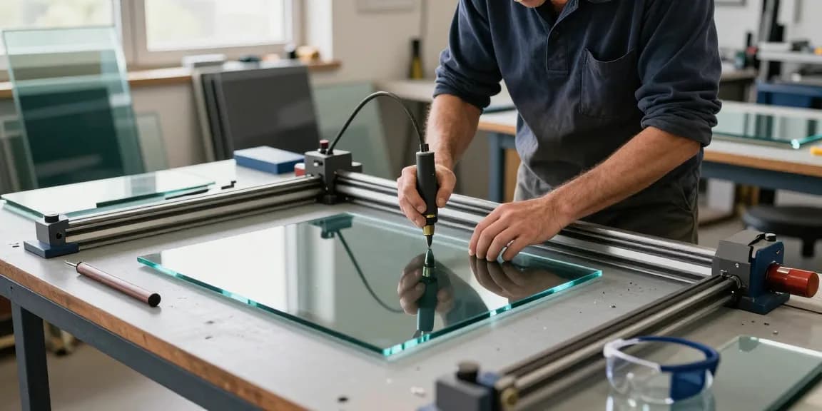 Technician at a glass cutting table, demonstrating precision in glass processing with tools and safety gear.