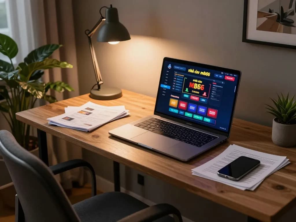 Person engaging in online gaming at nhà cái mb66, showcasing a stylish home setup with strategy notes.