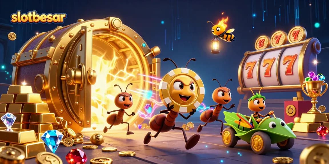 Enjoy thrilling gameplay with slotbesar as ants carry a massive poker chip heist in a dynamic 3D scene.