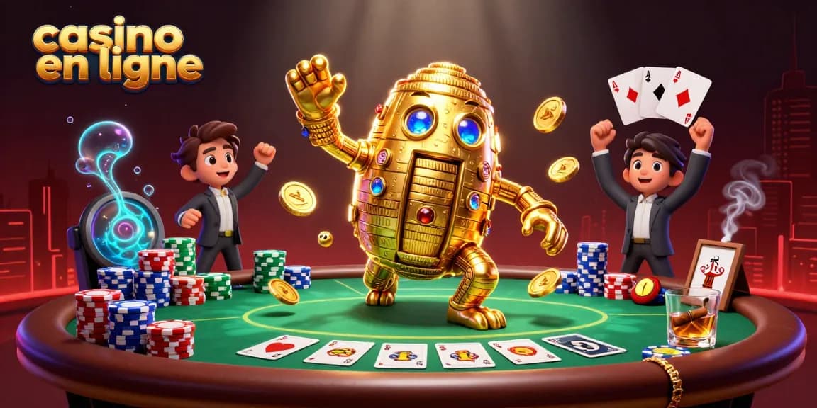 Joue à des jeux passionnants sur un casino en ligne avec un golem en or et une table de poker.
