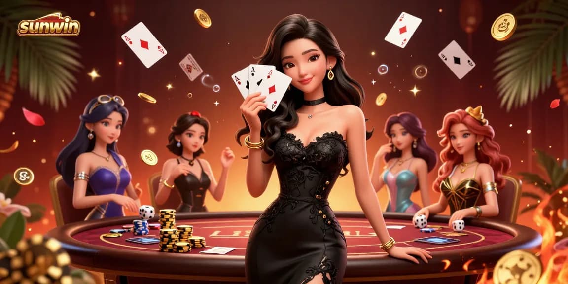 Win big at sunwin with this glamorous casino scene showcasing a stylish Asian woman holding playing cards amid dynamic game elements.
