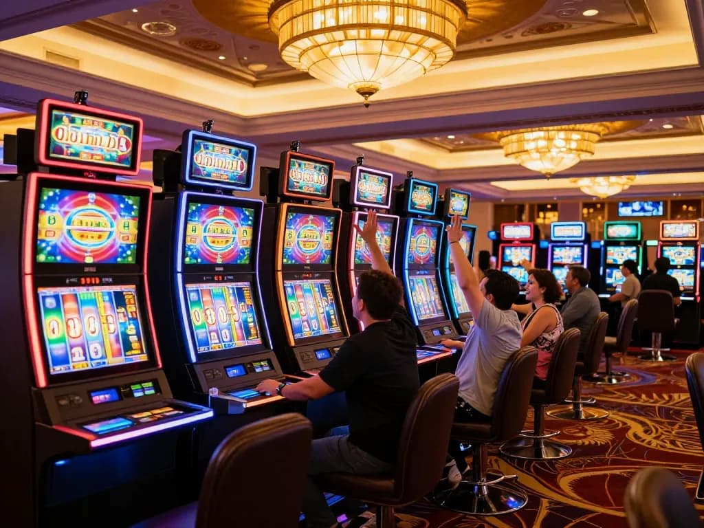 Players engaging with vibrant slot pulsa machines in a luxurious casino atmosphere