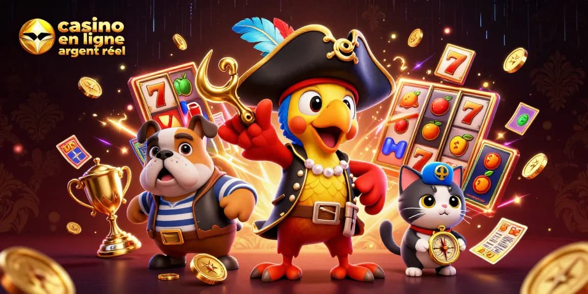 Participez à un amusement palpitant dans un casino en ligne argent réel avec des éléments de machines à sous colorés et des personnages de dessins animés.