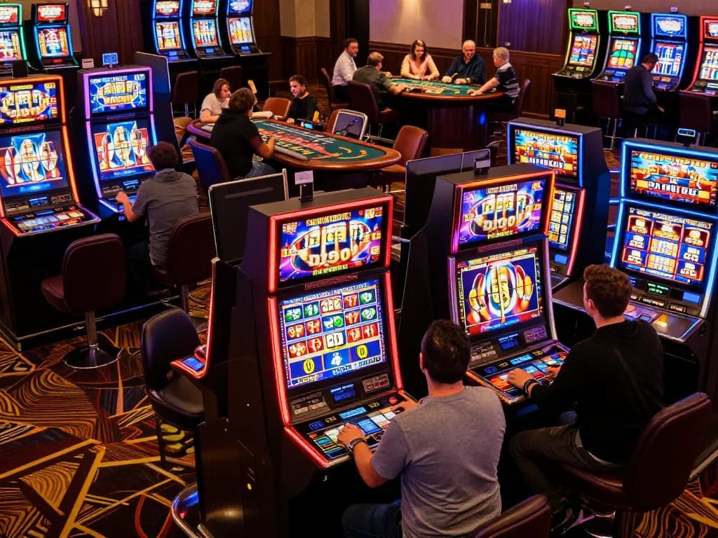 Players enjoying exciting games at a situs gacor casino, celebrating wins at colorful slot machines.