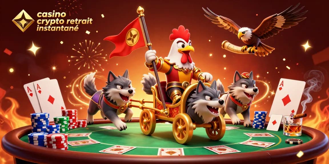 Casino crypto retrait instantané dans un univers ludique avec un roi des coqs et des éléments de poker.