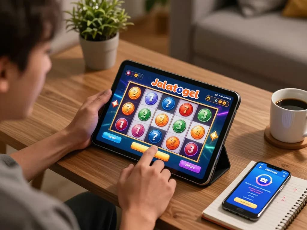 Pemain yang terlibat dengan permainan slot Jalatogel di tablet di ruang tamu yang nyaman, menggambarkan pengalaman permainan online.