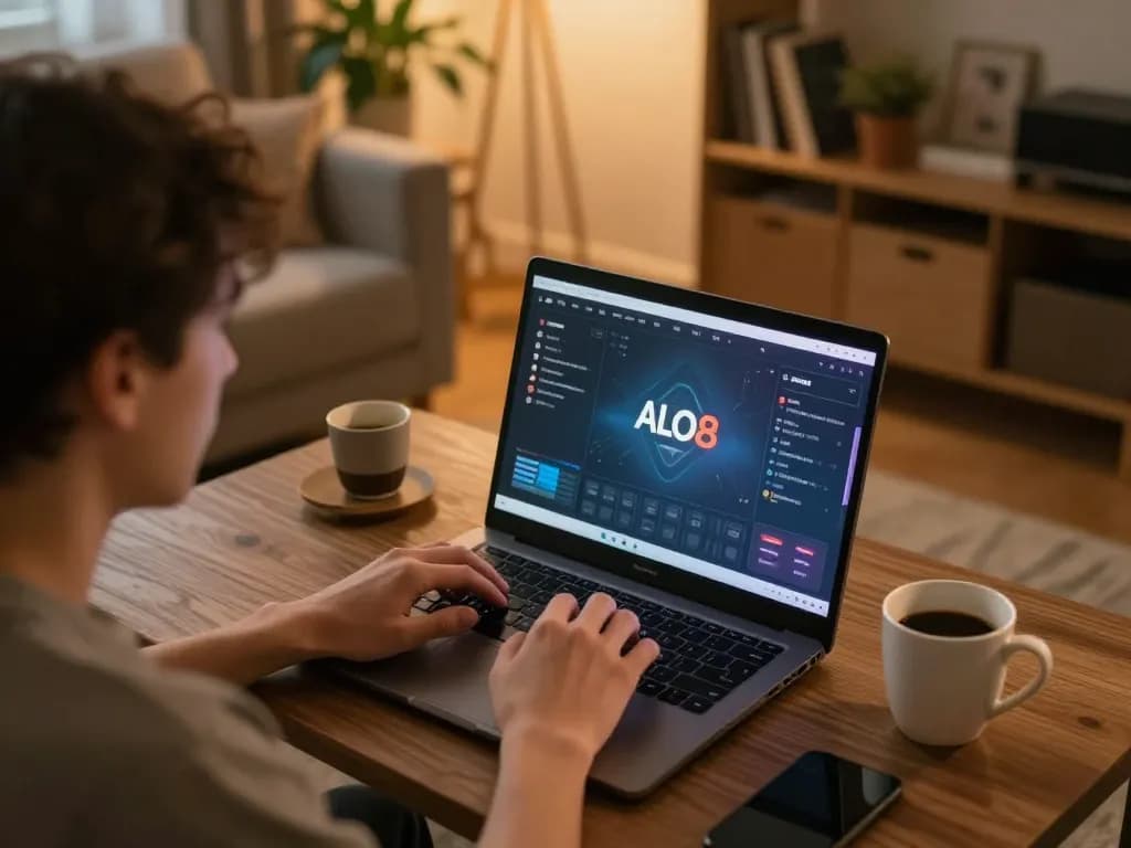 Player engaging in online betting at ALO8 on a cozy laptop setup, showcasing responsible gaming.