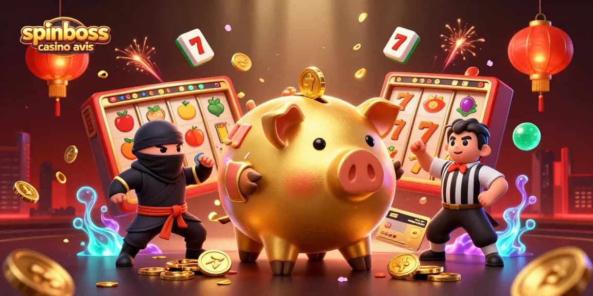 Vision dynamique du spinboss casino avis, illustrant une bataille ludique entre un cochon d'or et des personnages de jeu.