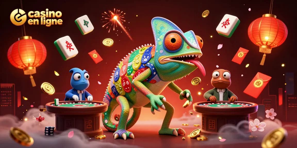 Joignez-vous à l'action du casino en ligne avec ce chameleon géant, entouré de jeux et de décorations festives.