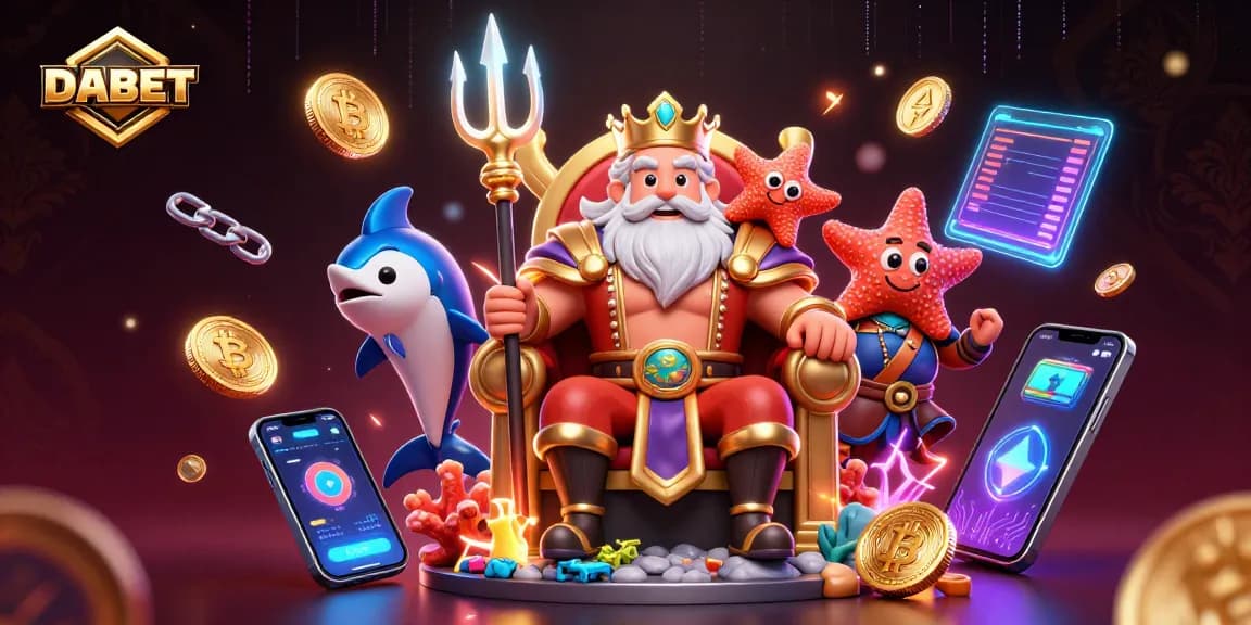DABET promotes crypto gaming excitement with Neptune and samurai in a vibrant casino scene.