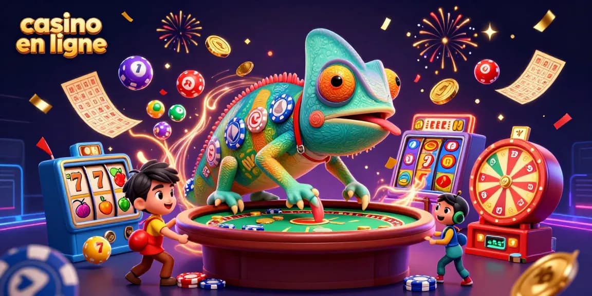 Illumination festive du casino en ligne avec un caméléon et des éléments de jeu vibrants