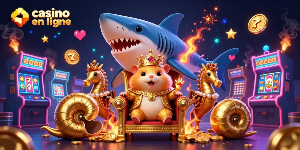 Les joueurs dignes du casino en ligne profitent d'une scène royale avec le roi hamster et des gardes, entourés de machines à sous.