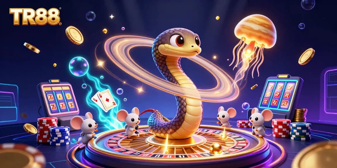 Join the excitement at TR88 with vibrant casino elements and engaging character illustrations.