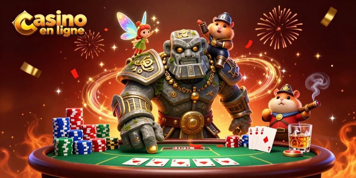 Jouez au casino en ligne avec un golem magique et des cartes de poker pleines de magie.