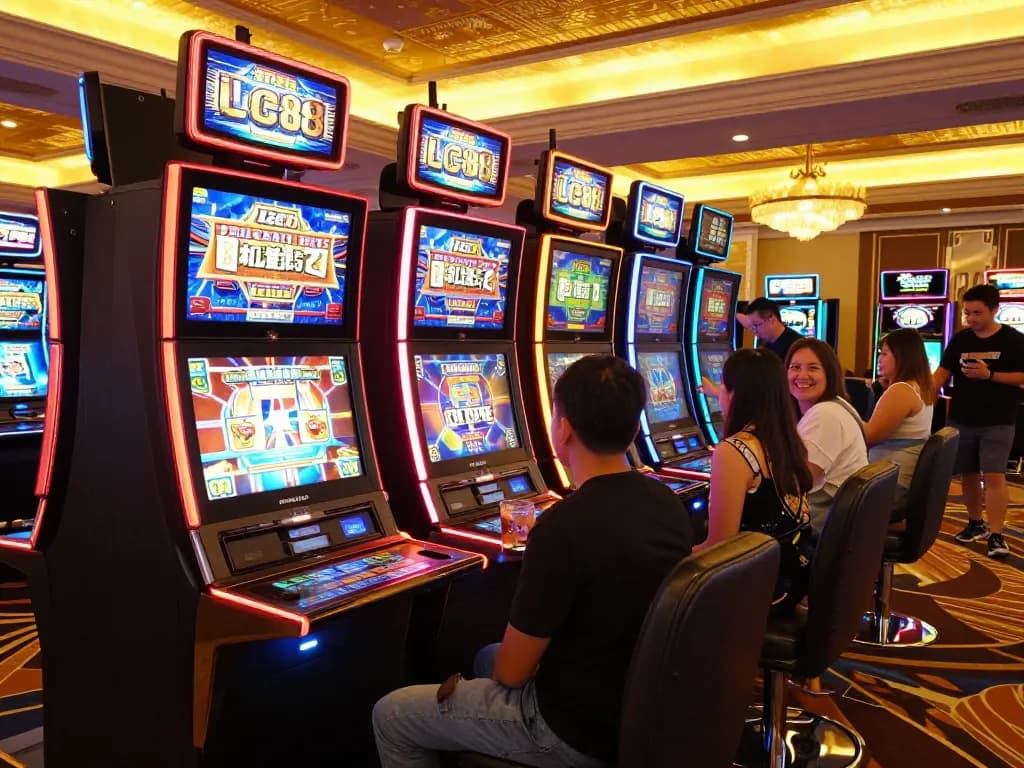 Players engaging with colorful LC88 slot machines in a lively casino atmosphere.