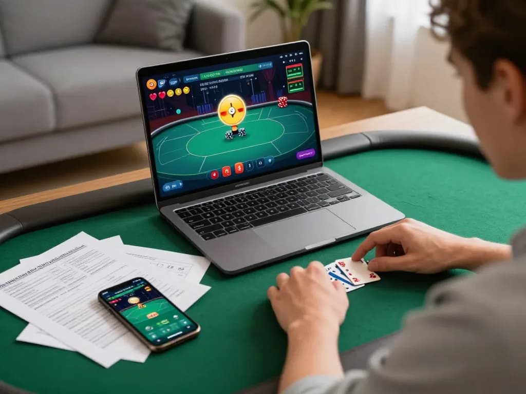 Engaging in a white label casino poker game from home with strategic notes visible.