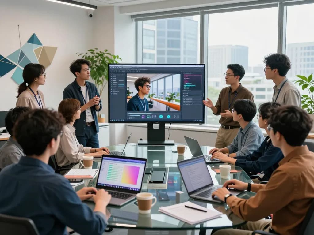 AI developers demonstrating image to prompt ai tool in vibrant workspace.