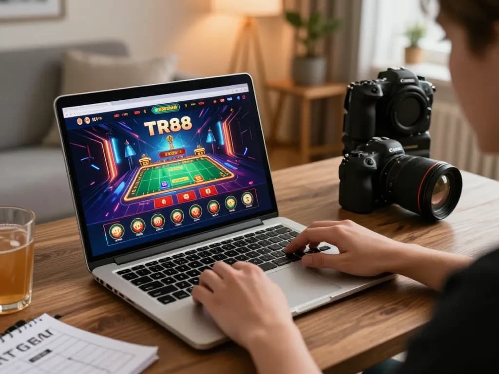 TR88 online gaming setup showing a player engaged in casino gameplay on a laptop with vibrant graphics.